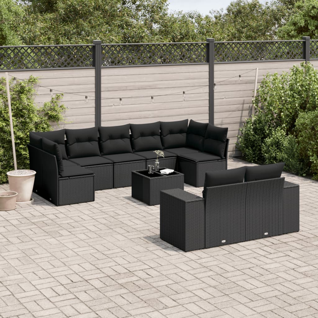 10-delige Loungeset met kussens poly rattan zwart