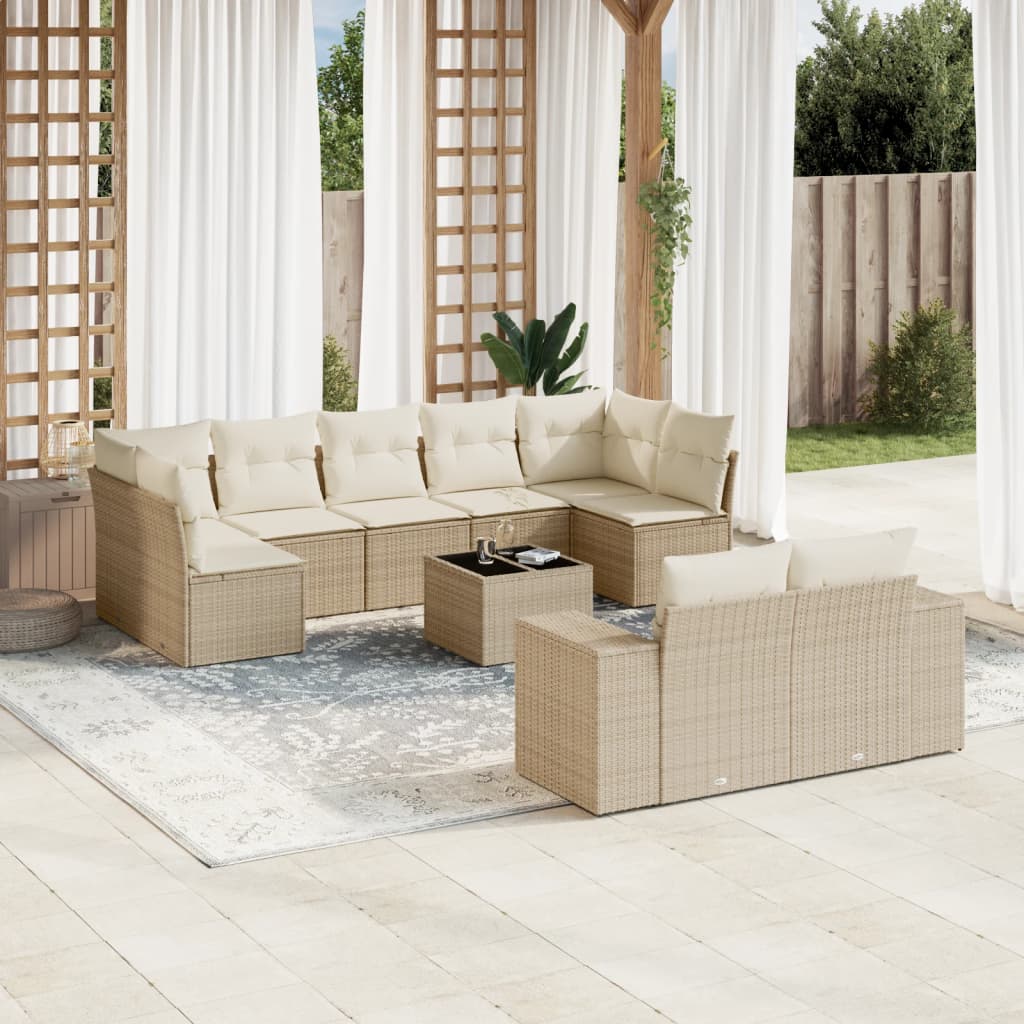 10-delige Loungeset met kussens poly rattan zwart