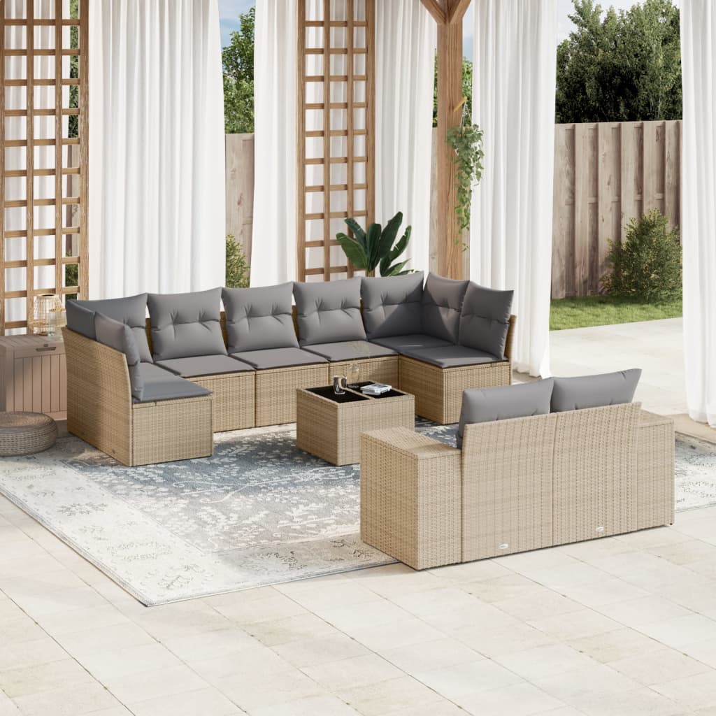 10-delige Loungeset met kussens poly rattan zwart