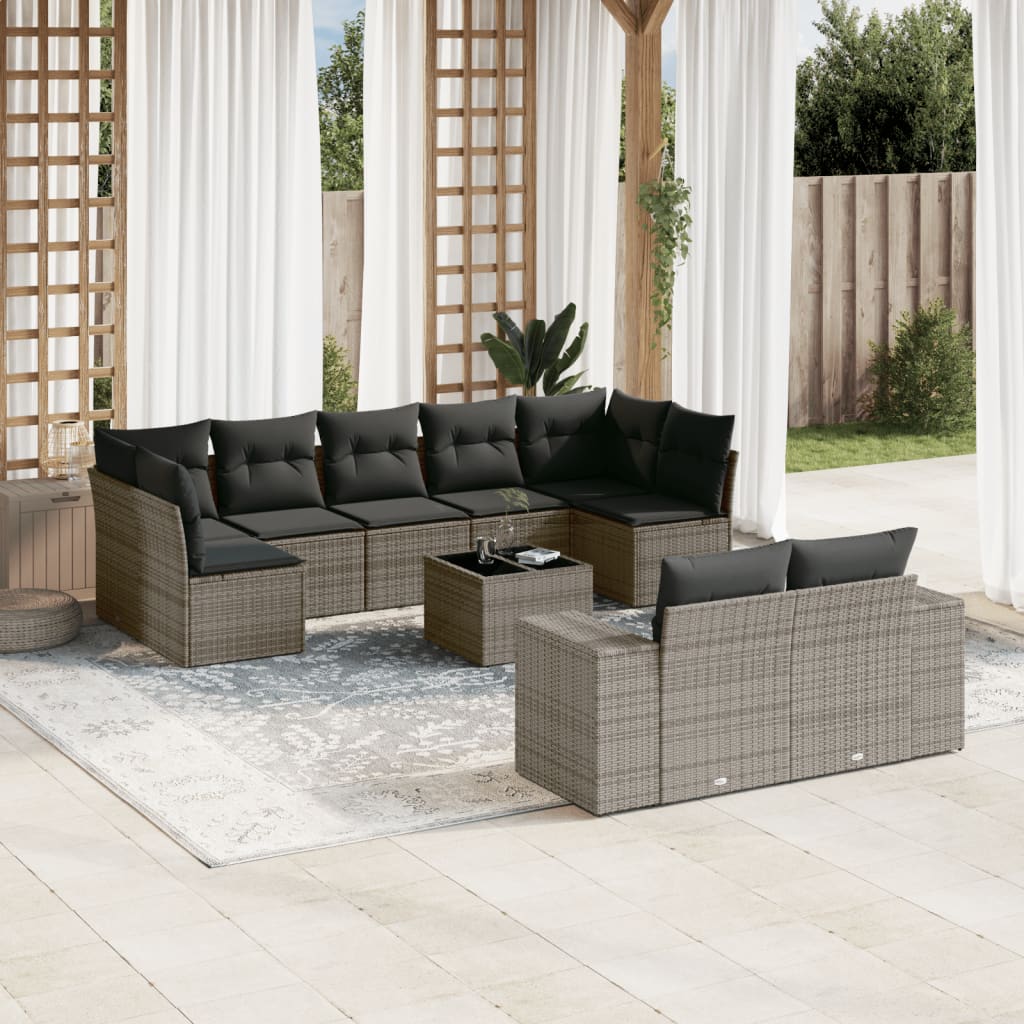 10-delige Loungeset met kussens poly rattan zwart