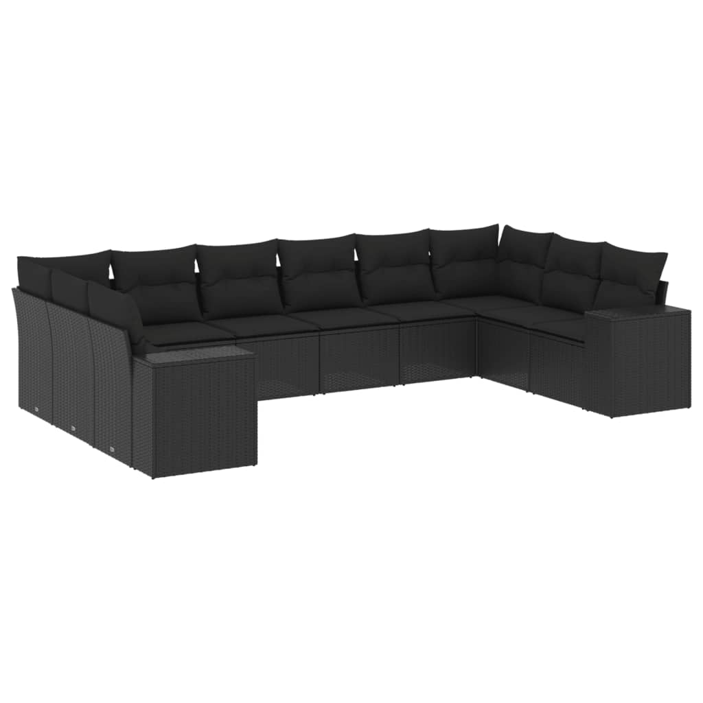 10-delige Loungeset met kussens poly rattan zwart