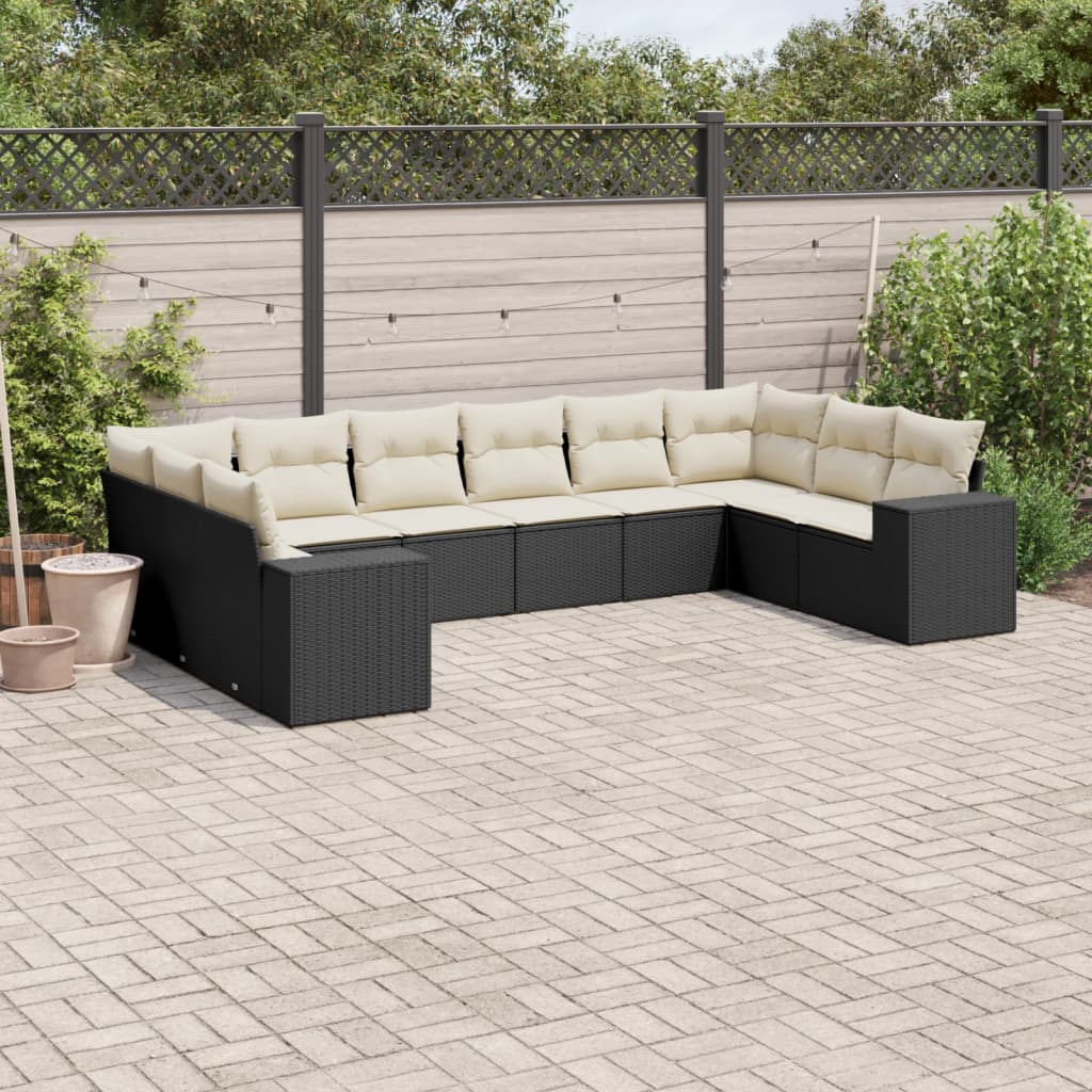 10-delige Loungeset met kussens poly rattan zwart