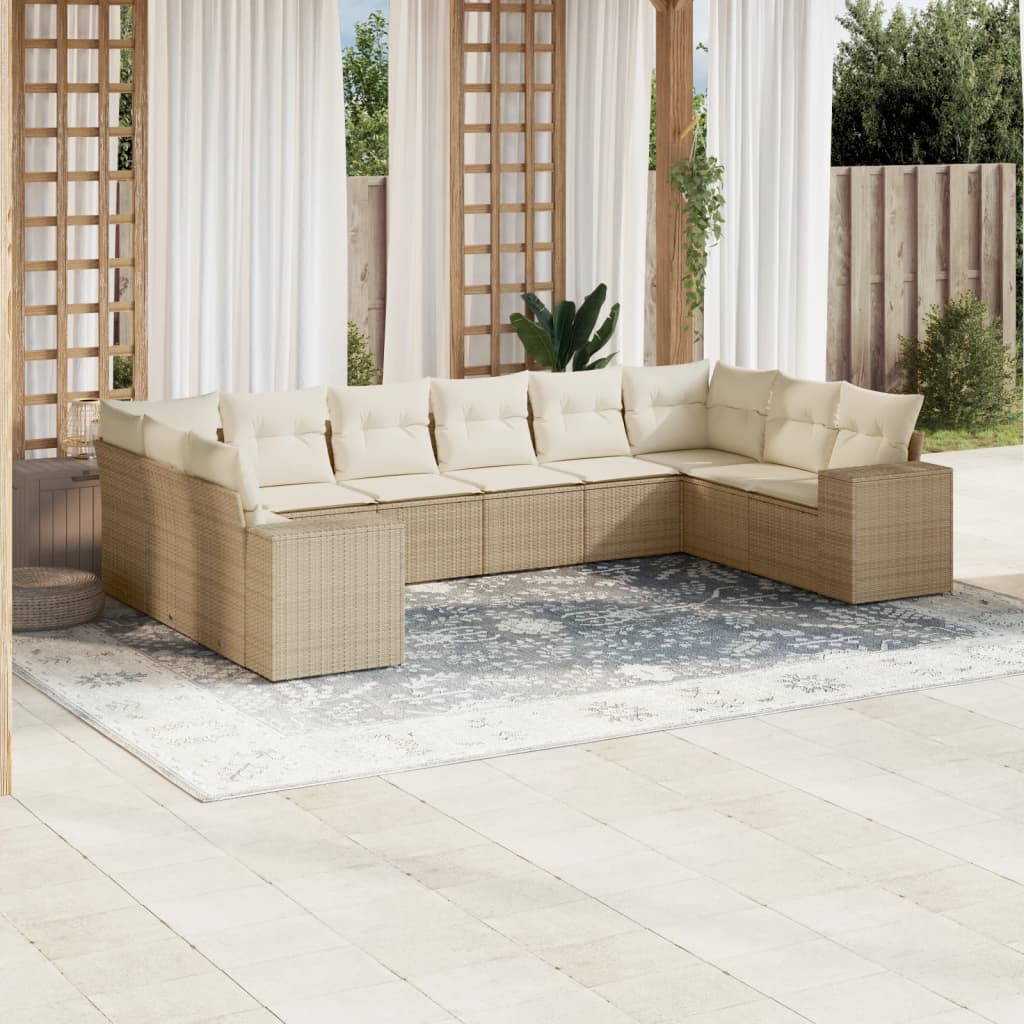 10-delige Loungeset met kussens poly rattan zwart