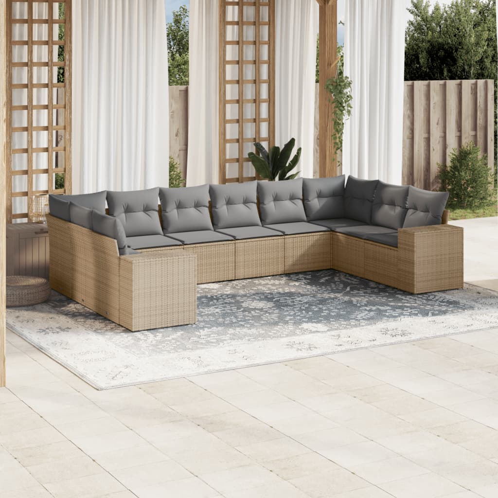 10-delige Loungeset met kussens poly rattan zwart