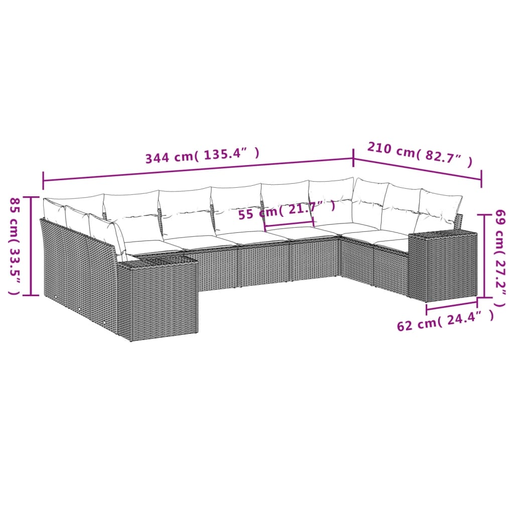 10-delige Loungeset met kussens poly rattan zwart