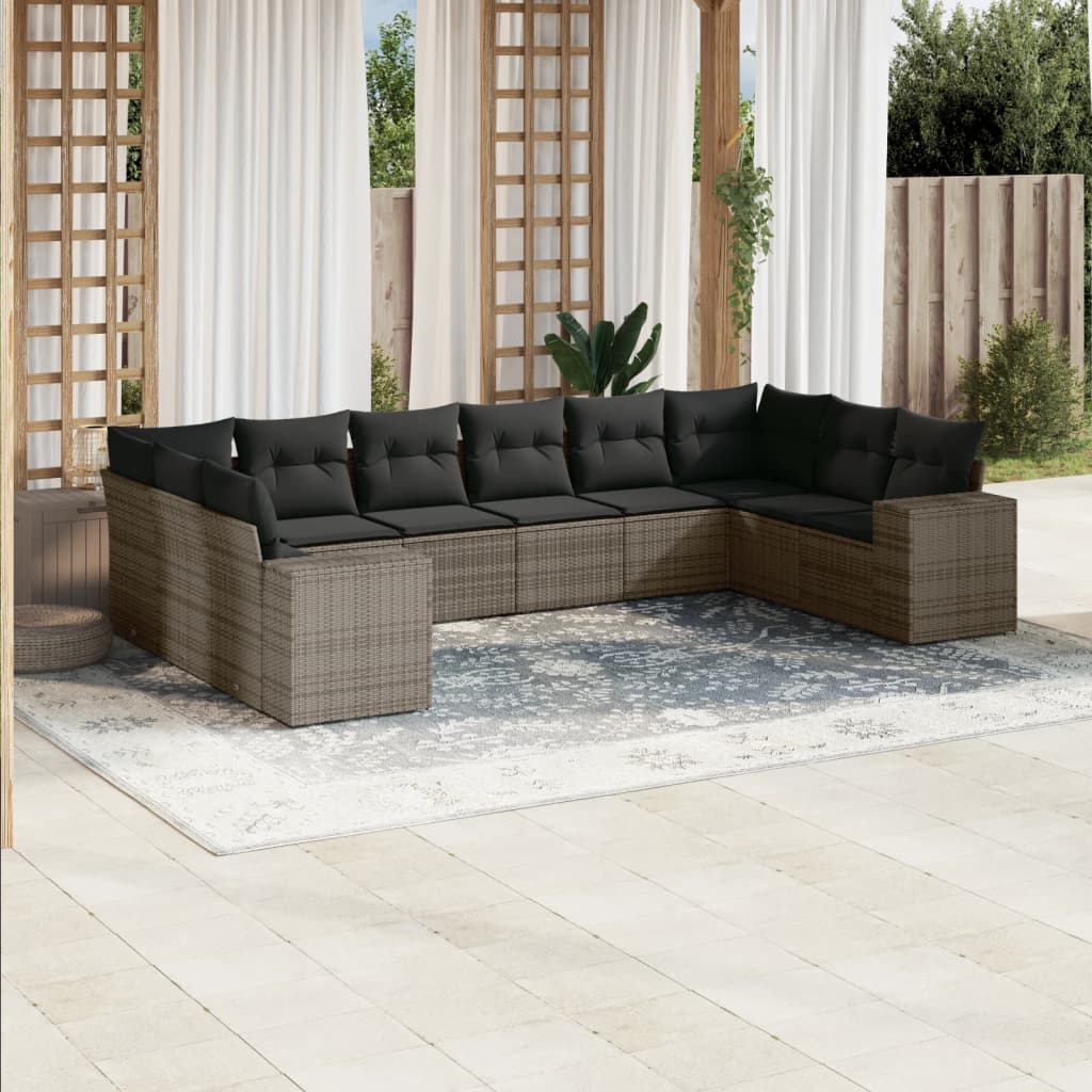 10-delige Loungeset met kussens poly rattan zwart