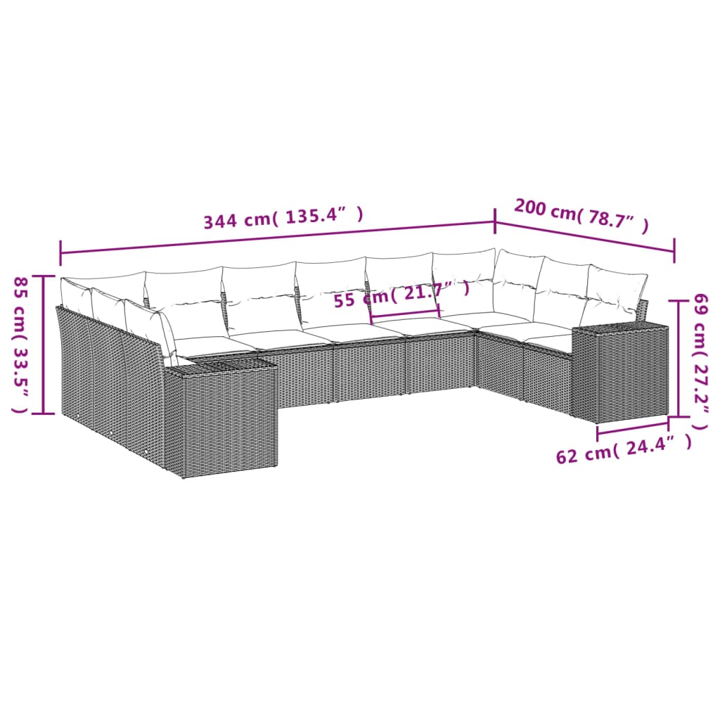 10-delige Loungeset met kussens poly rattan zwart