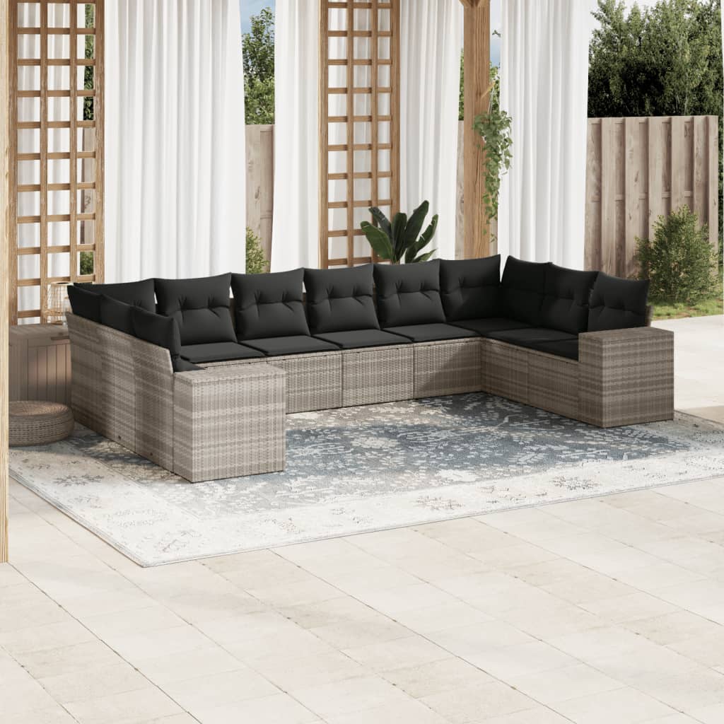 10-delige Loungeset met kussens poly rattan zwart