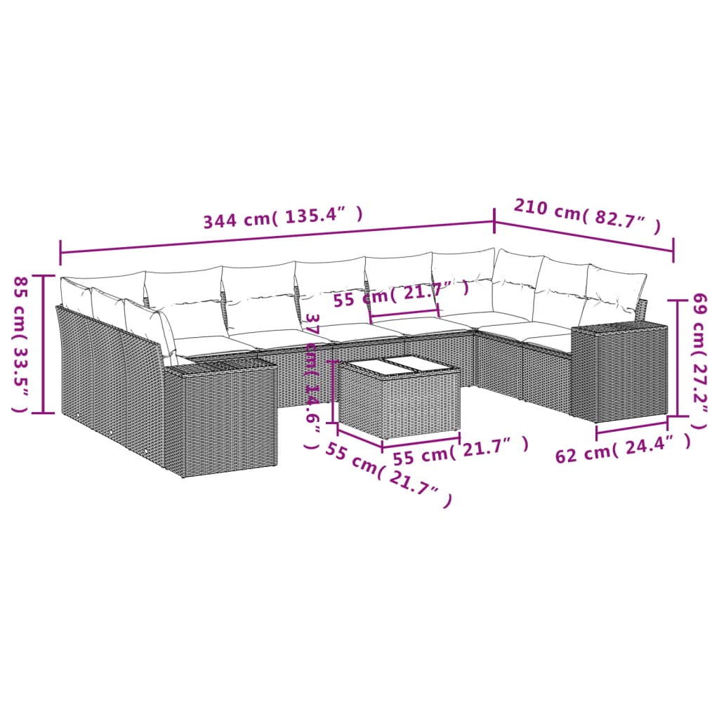 10-delige Loungeset met kussens poly rattan zwart