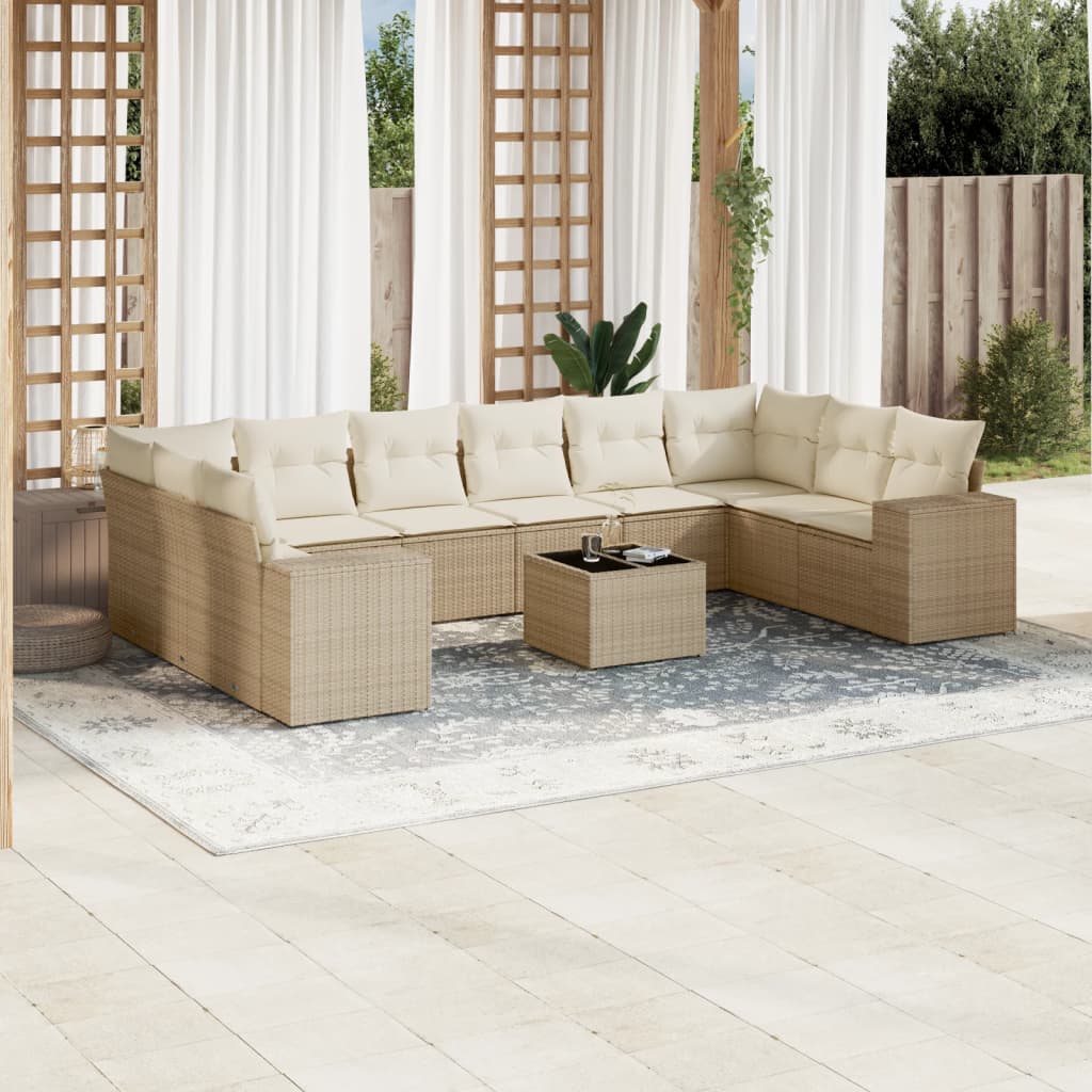 10-delige Loungeset met kussens poly rattan zwart