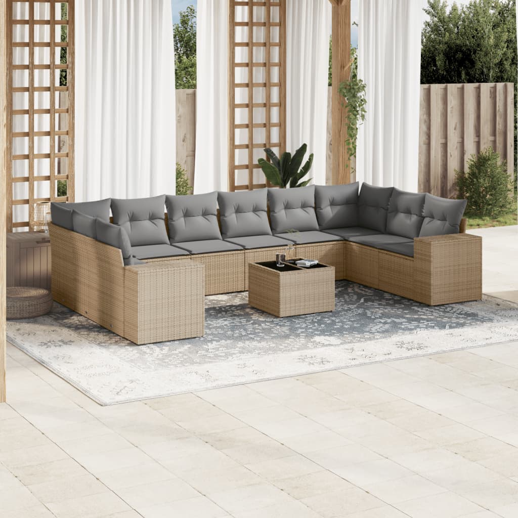 10-delige Loungeset met kussens poly rattan zwart