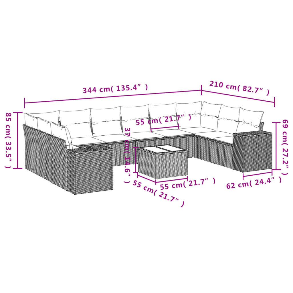 10-delige Loungeset met kussens poly rattan zwart