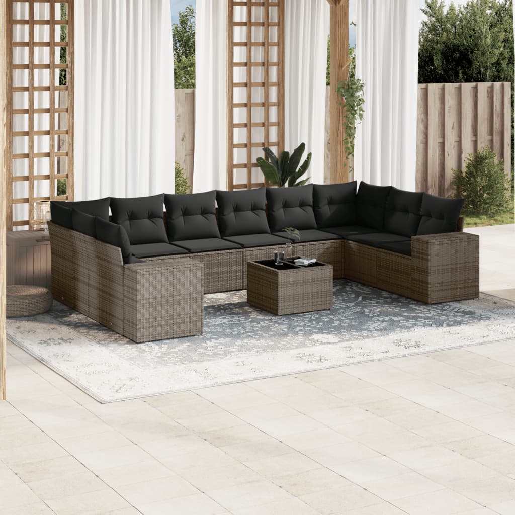 10-delige Loungeset met kussens poly rattan zwart