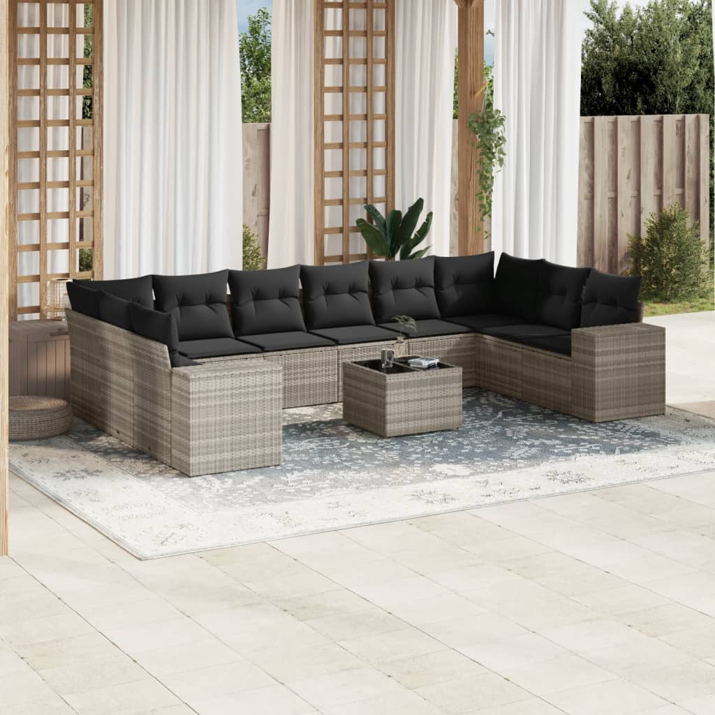 10-delige Loungeset met kussens poly rattan zwart