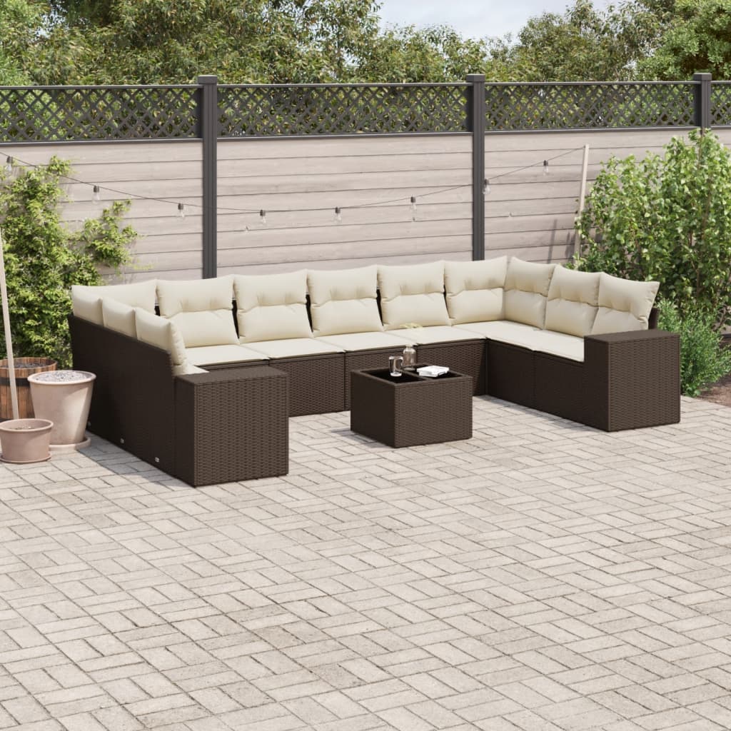 10-delige Loungeset met kussens poly rattan zwart