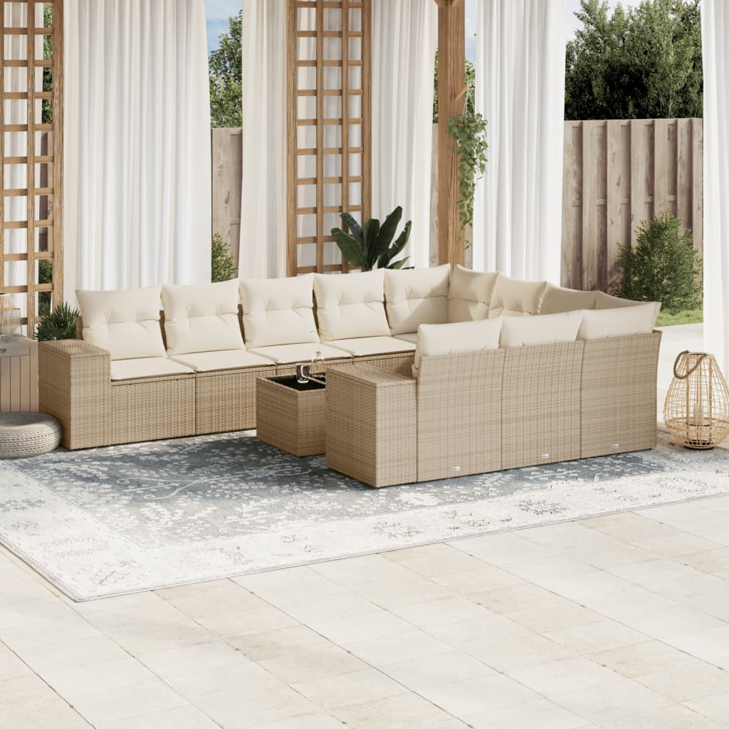 10-delige Loungeset met kussens poly rattan beige