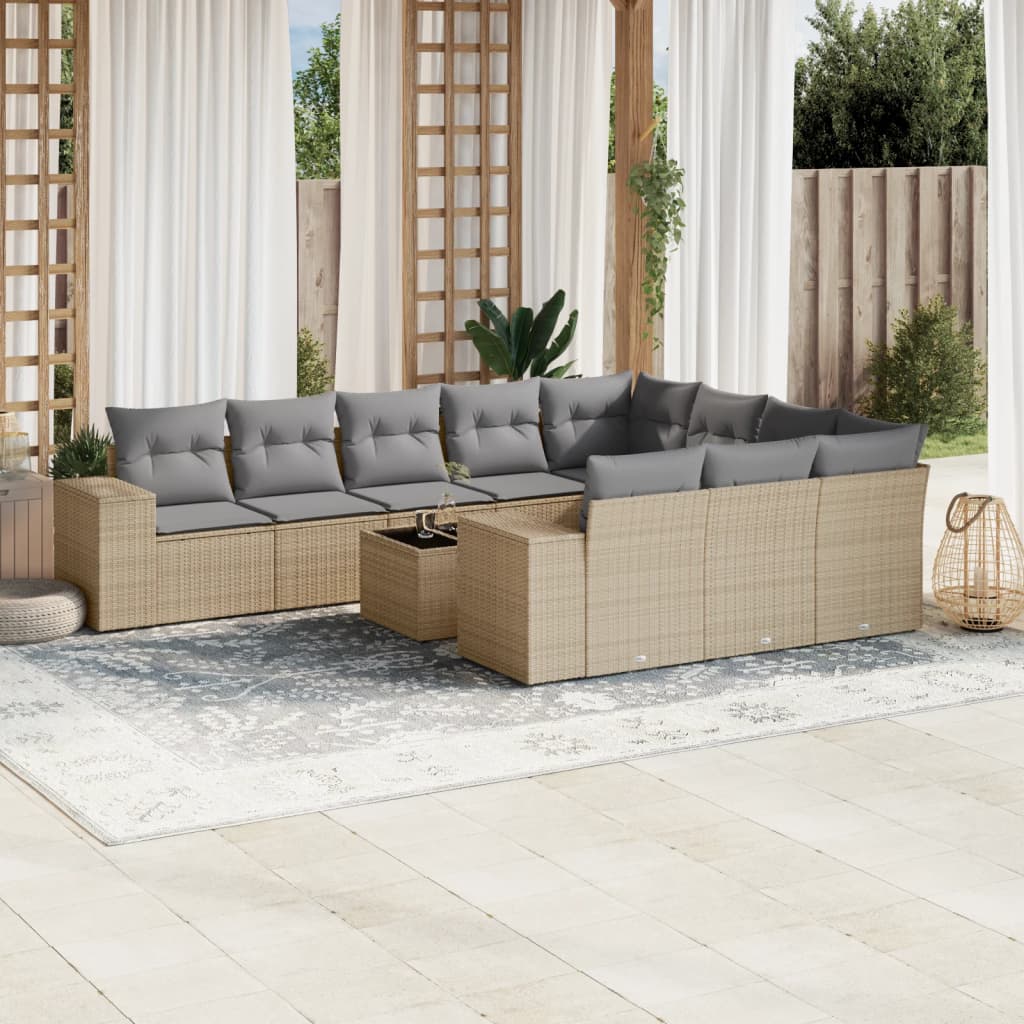 10-delige Loungeset met kussens poly rattan beige