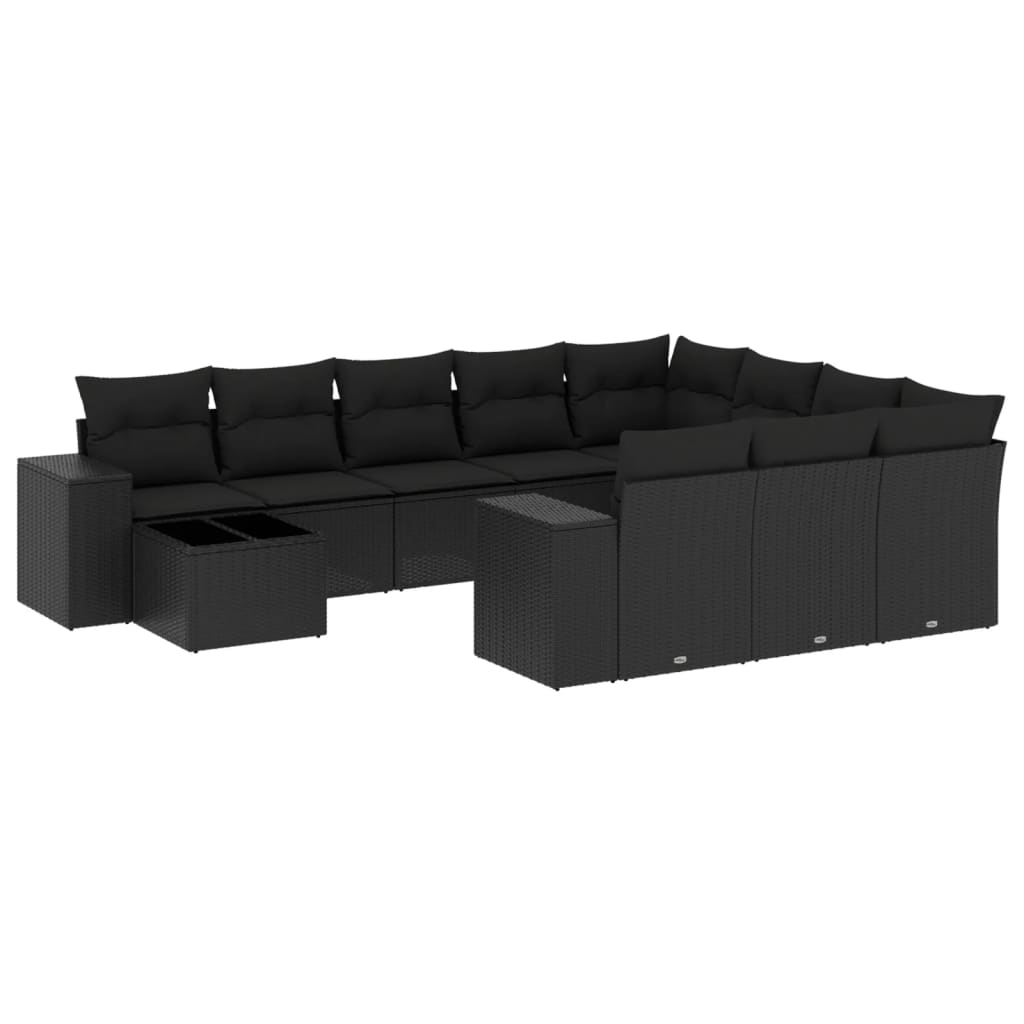 11-delige Loungeset met kussens poly rattan zwart