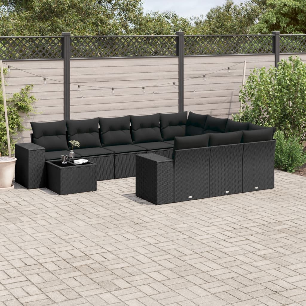 11-delige Loungeset met kussens poly rattan zwart