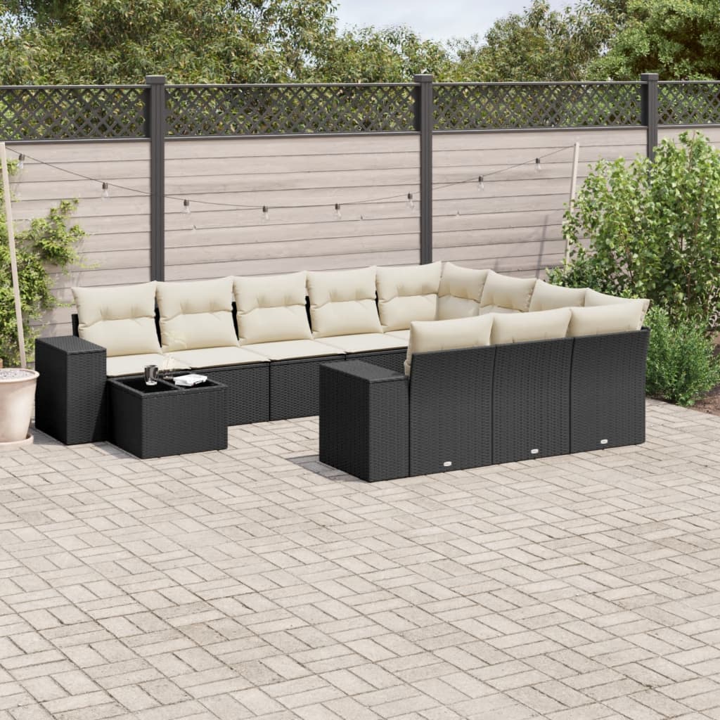 11-delige Loungeset met kussens poly rattan zwart