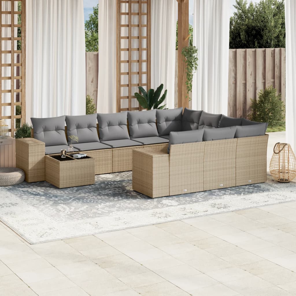 11-delige Loungeset met kussens poly rattan zwart