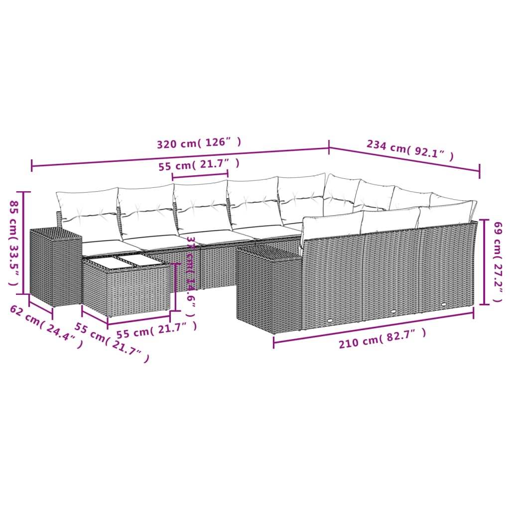 11-delige Loungeset met kussens poly rattan zwart