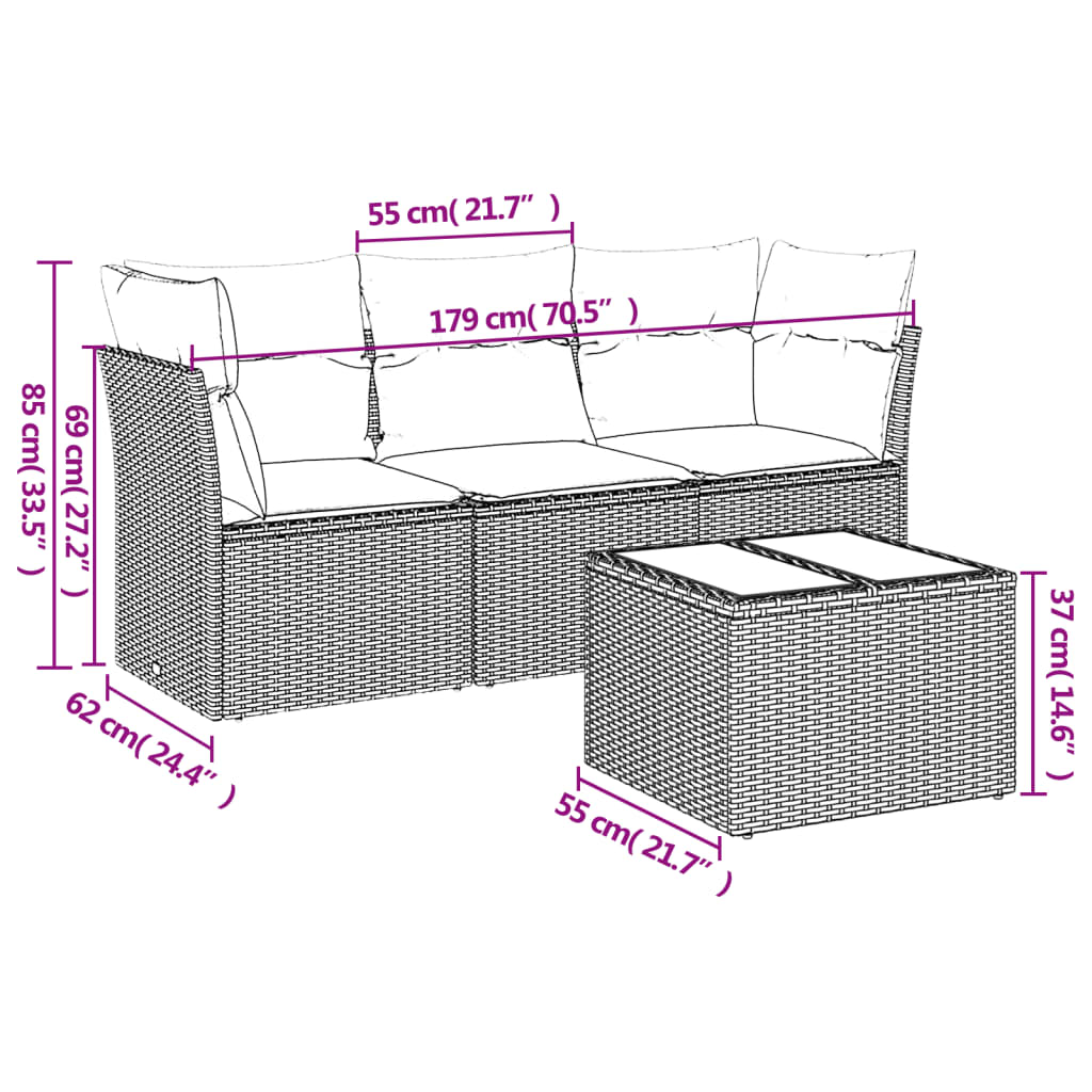 3-delige Loungeset met kussens poly rattan