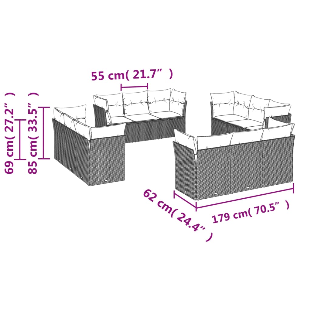 12-delige Loungeset met kussens poly rattan bruin