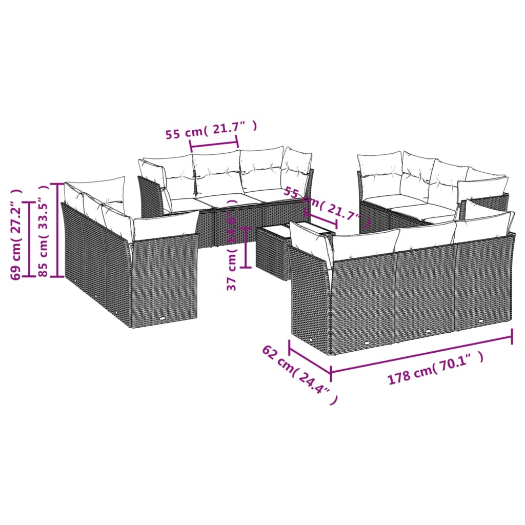 13-delige Loungeset met kussens poly rattan grijs