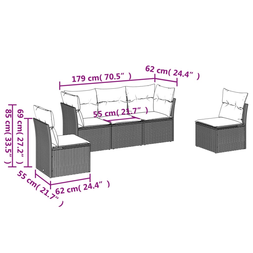 6-delige Loungeset met kussens poly rattan