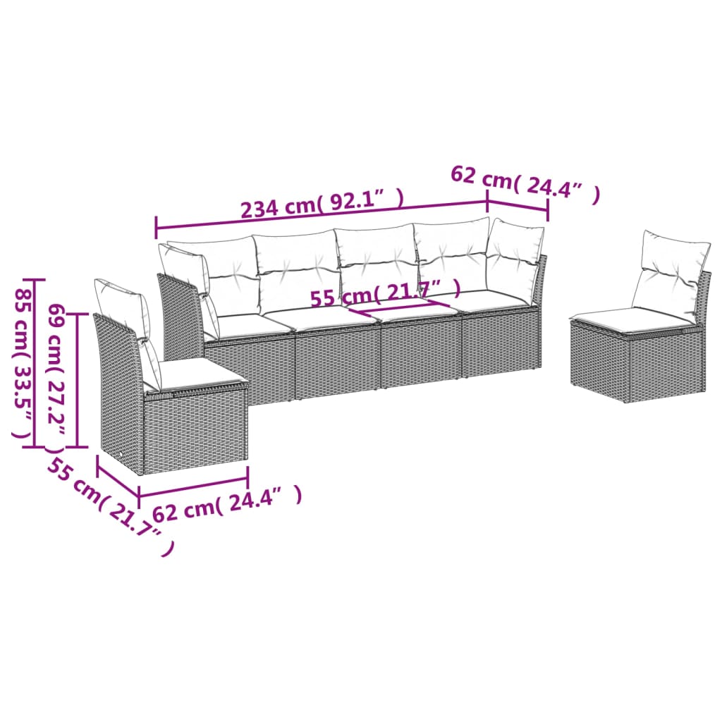 7-delige Loungeset met kussens poly rattan