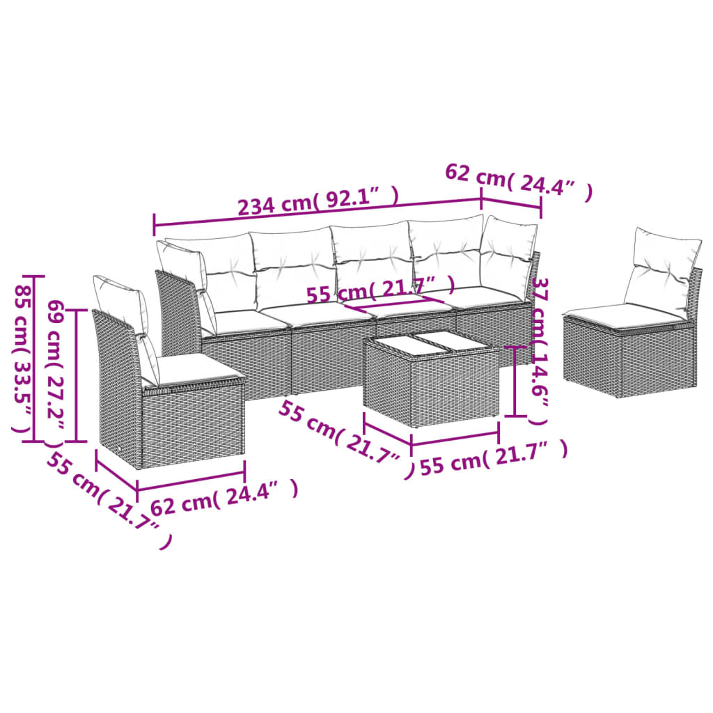 7-delige Loungeset met kussens poly rattan