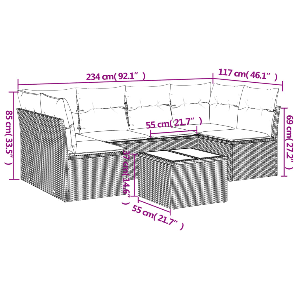 7-delige Loungeset met kussens poly rattan