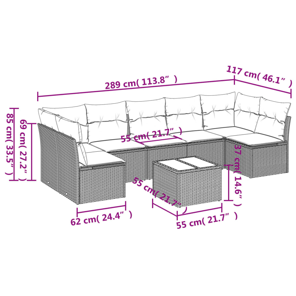 8-delige Loungeset met kussens poly rattan