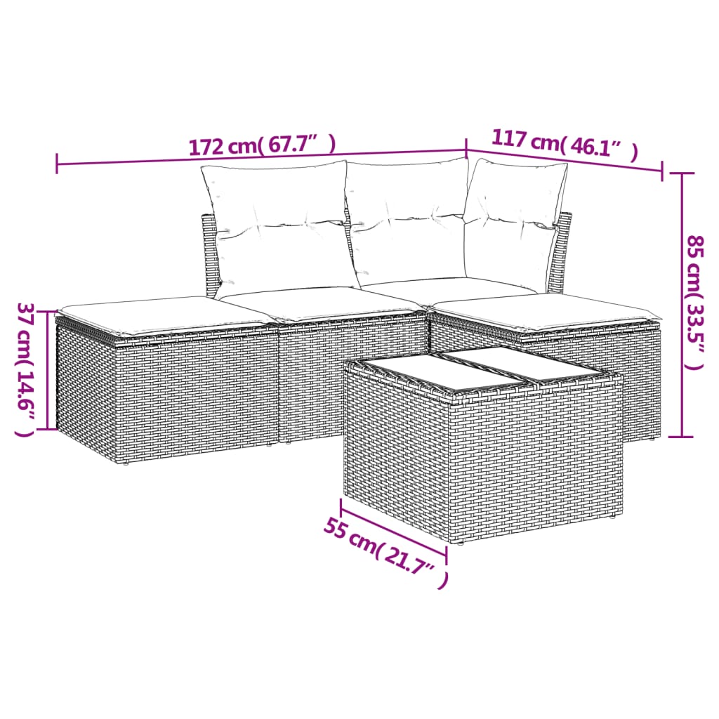 4-delige Loungeset met kussens poly rattan