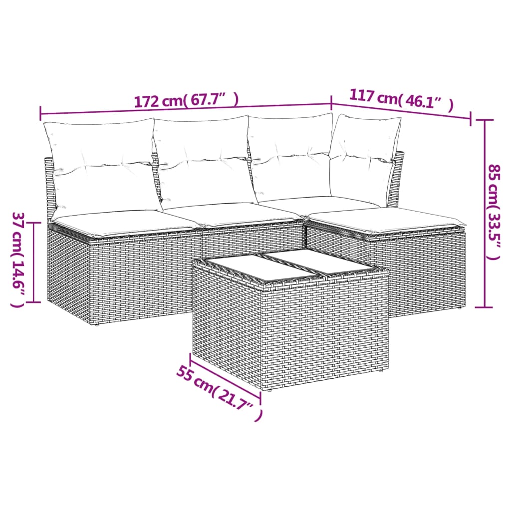 5-delige Loungeset met kussens poly rattan