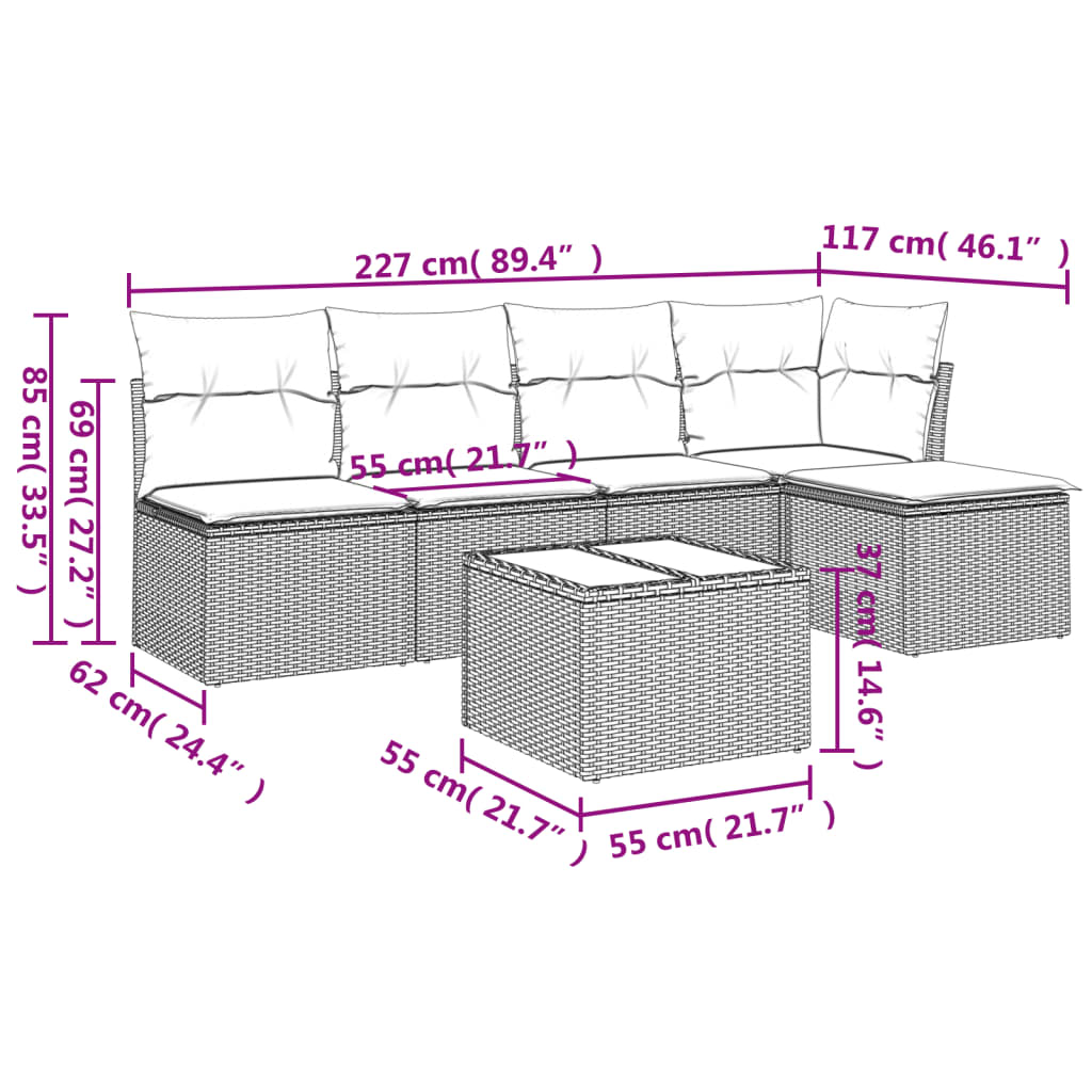 6-delige Loungeset met kussens poly rattan