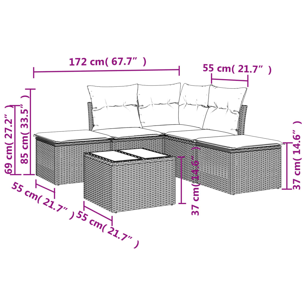 6-delige Loungeset met kussens poly rattan