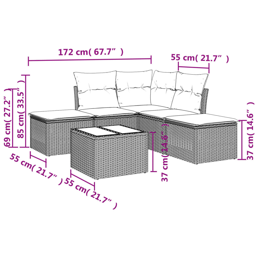 6-delige Loungeset met kussens poly rattan