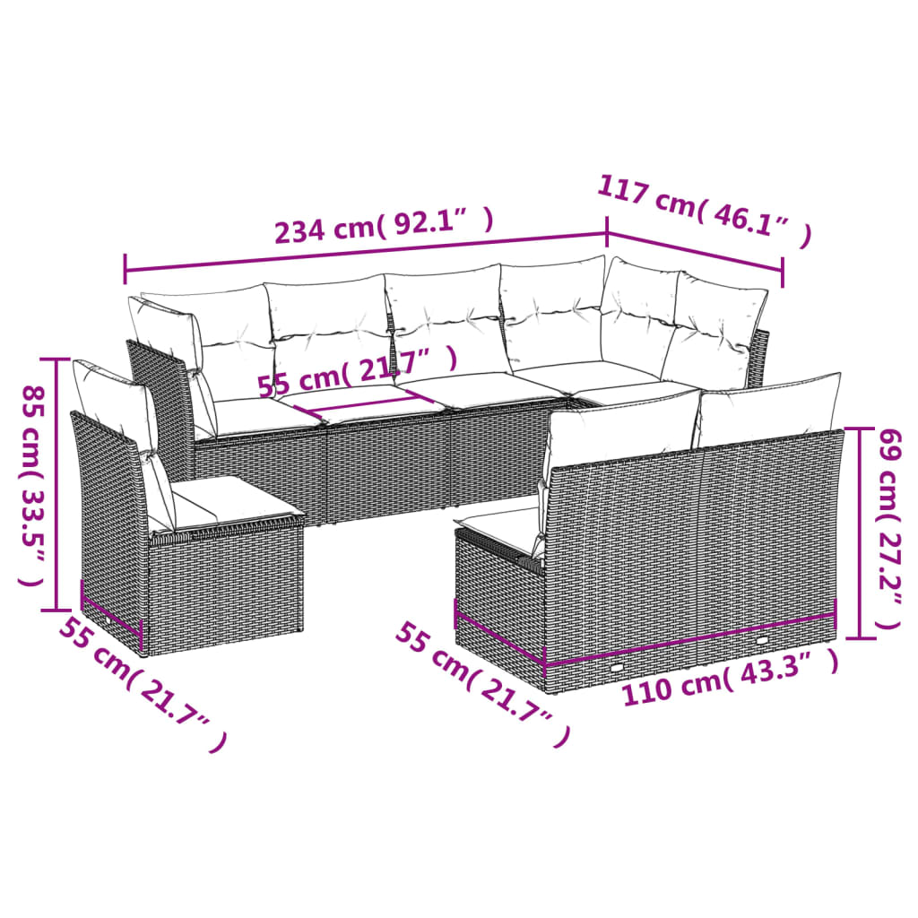 8-delige Loungeset met kussens poly rattan