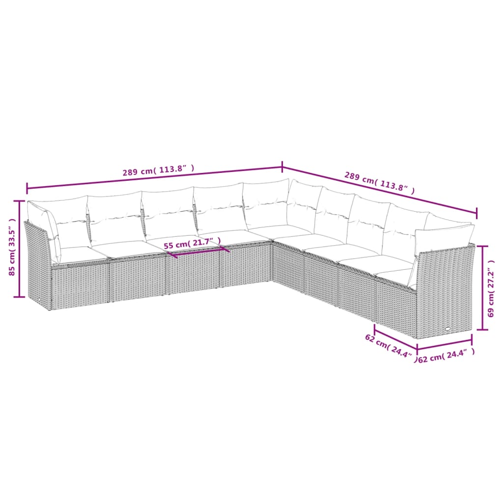 10-delige Loungeset met kussens poly rattan