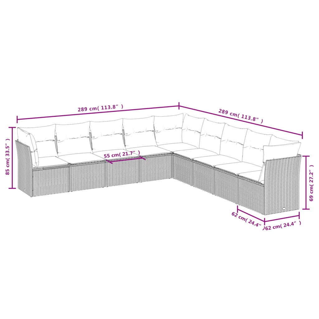 10-delige Loungeset met kussens poly rattan