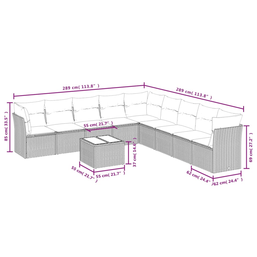 10-delige Loungeset met kussens poly rattan beige