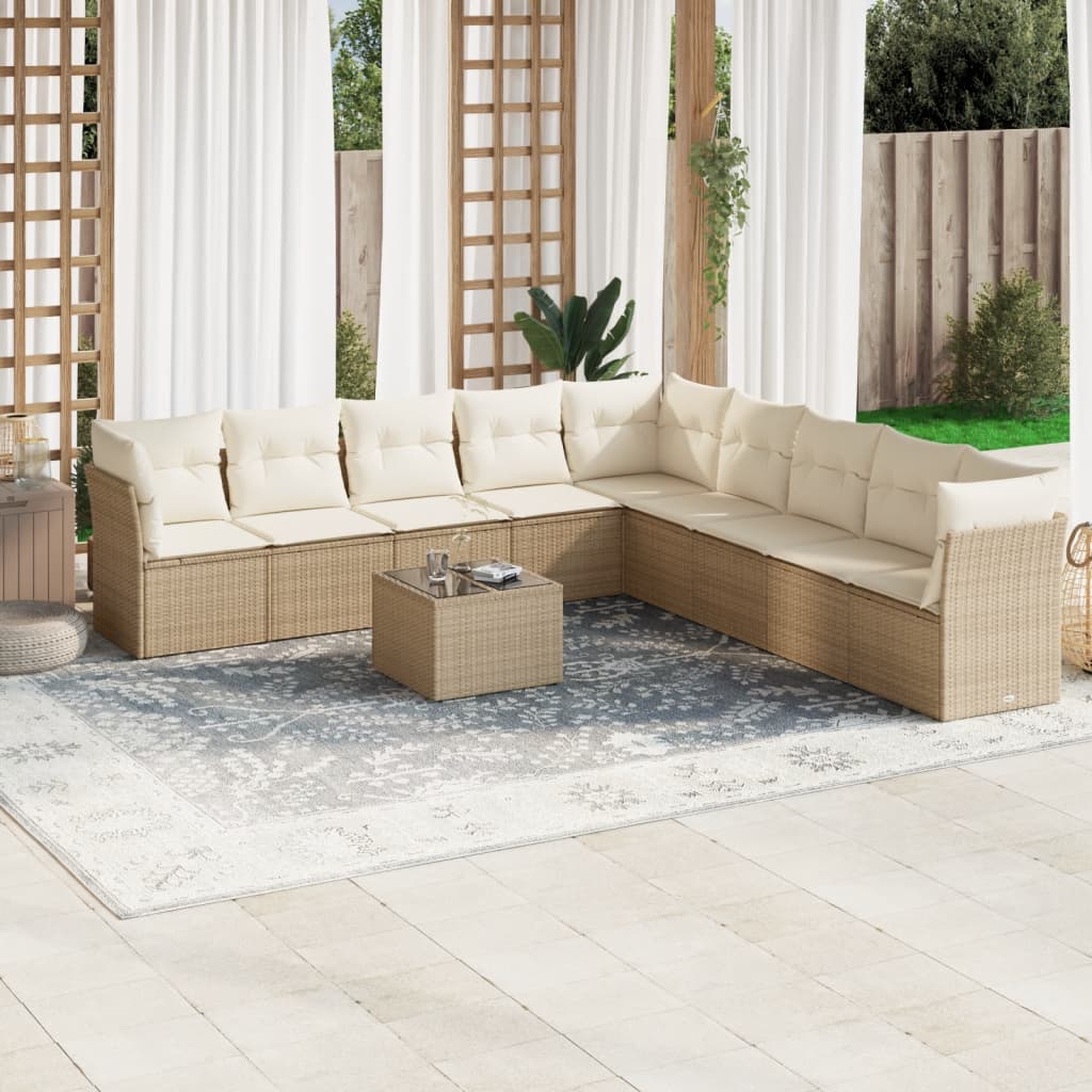 10-delige Loungeset met kussens poly rattan beige