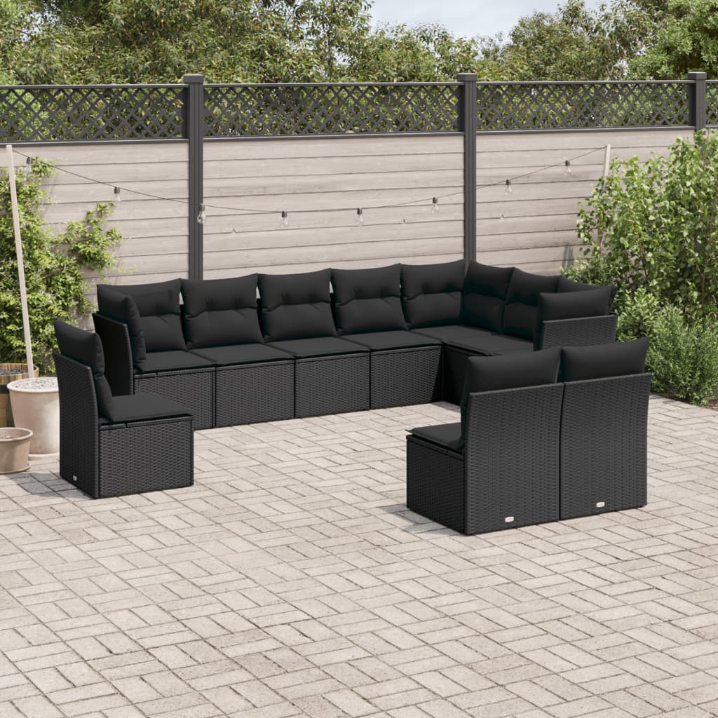 11-delige Loungeset met kussens poly rattan zwart