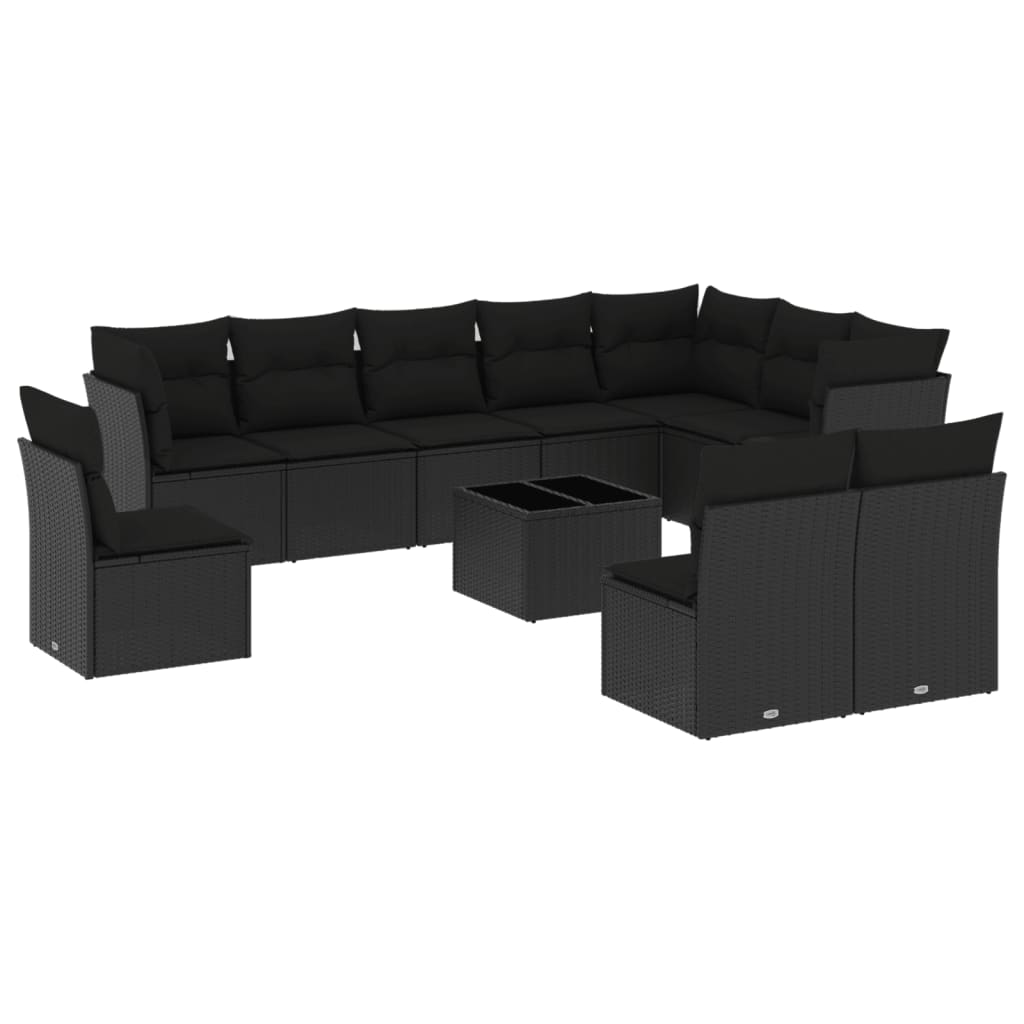 11-delige Loungeset met kussens poly rattan zwart