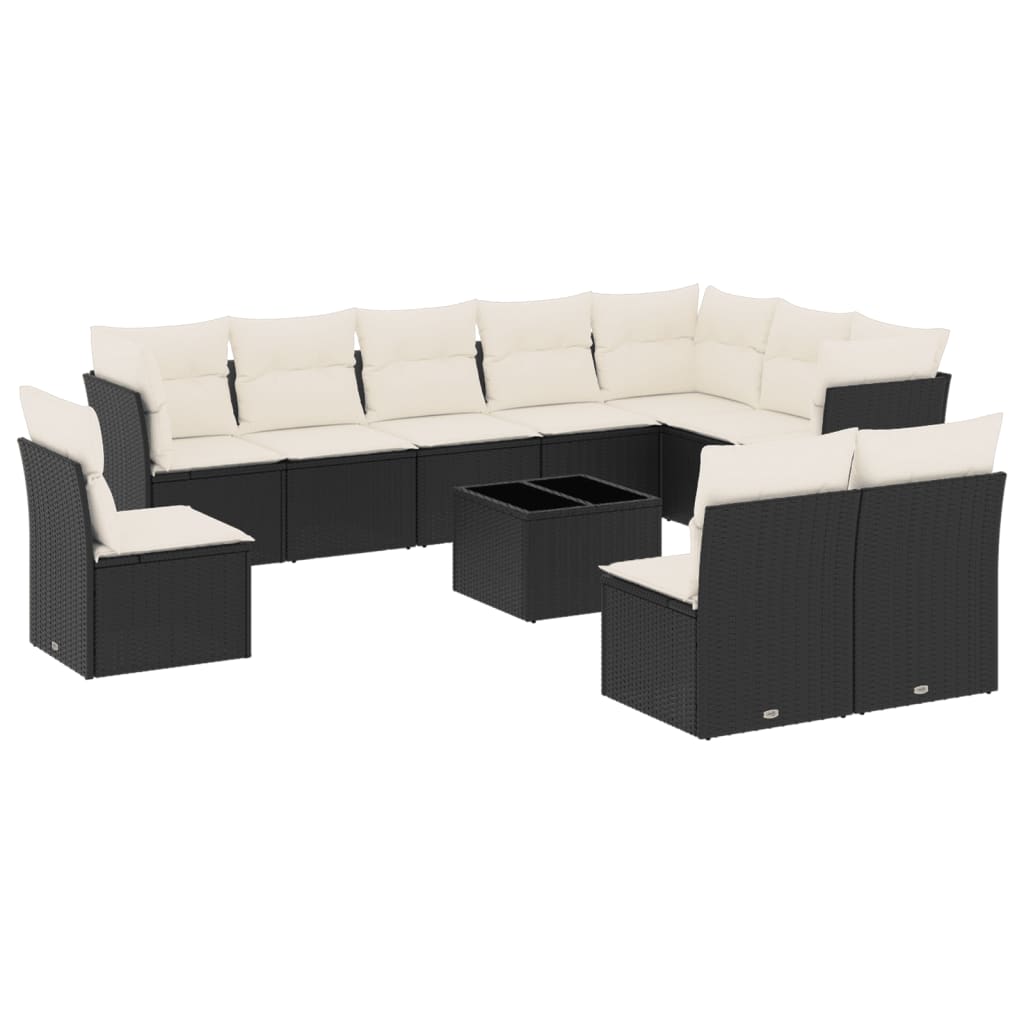 11-delige Loungeset met kussens poly rattan zwart