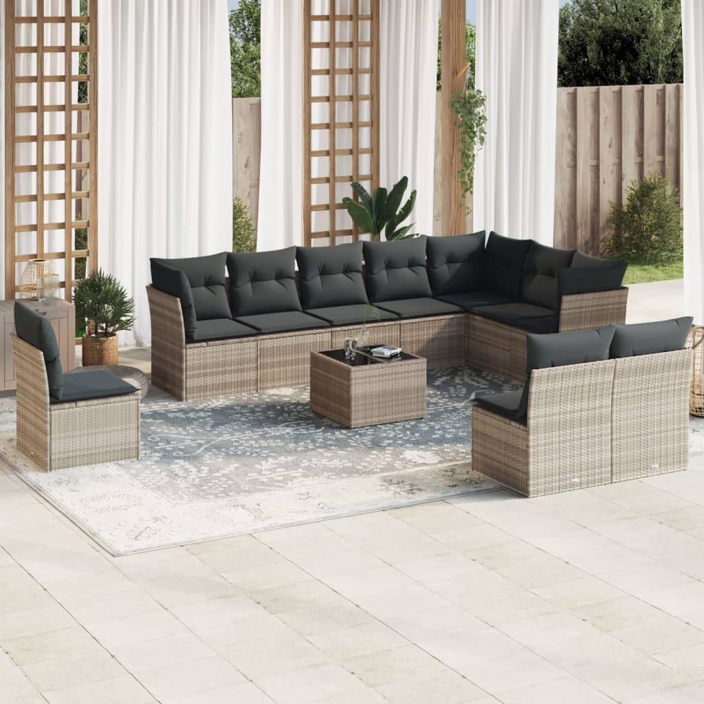 11-delige Loungeset met kussens poly rattan zwart