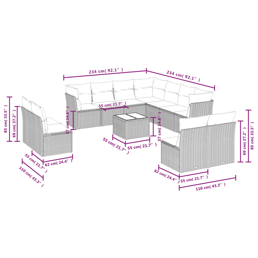 12-delige Loungeset met kussens poly rattan lichtgrijs