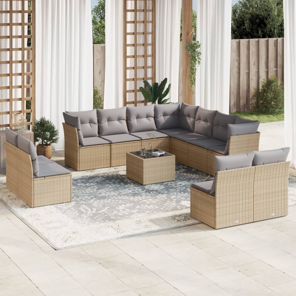 12-delige Loungeset met kussens poly rattan grijs